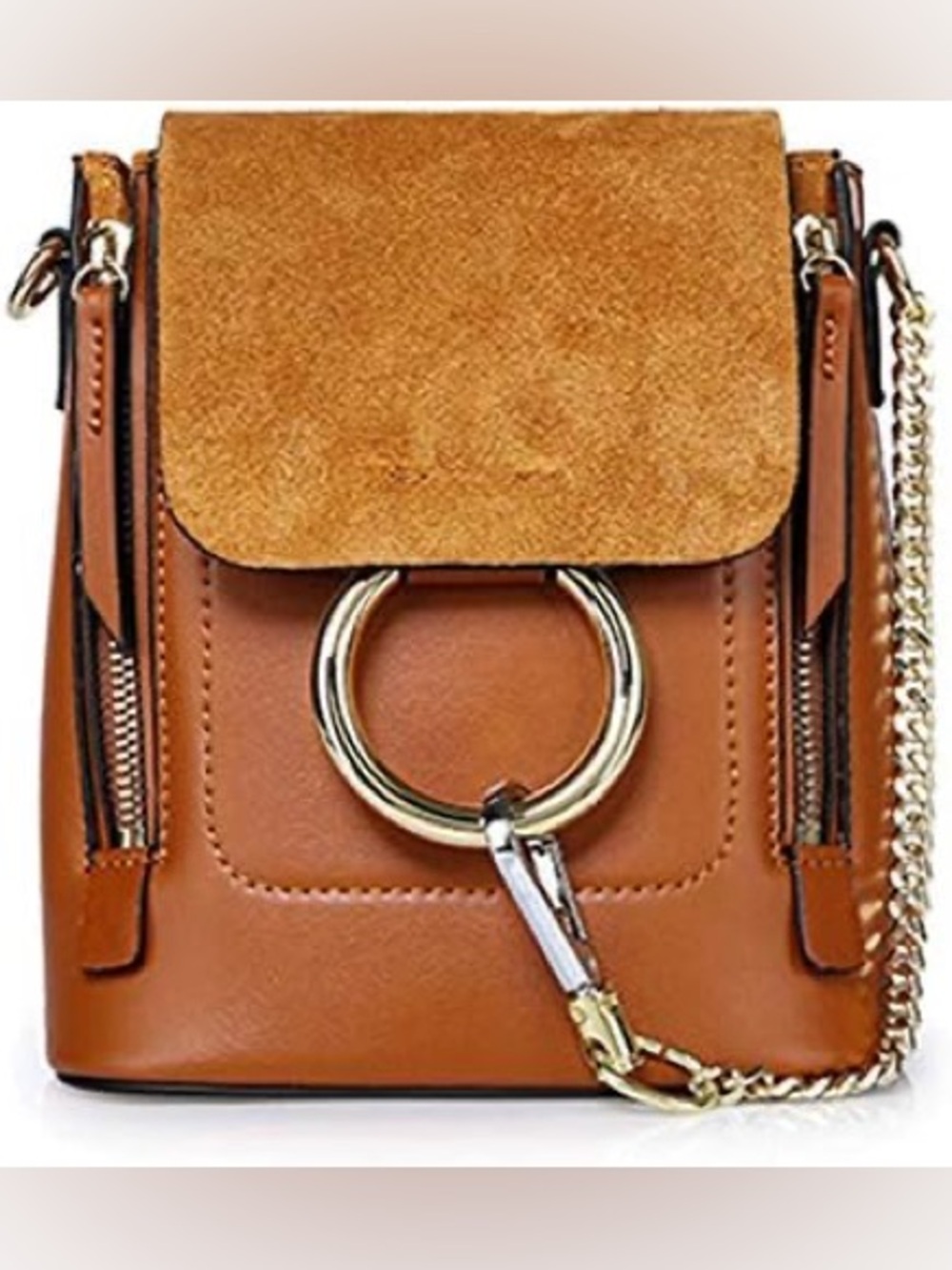 Classic Tan Suede-Trim Crossbody Bag with Gold Ring